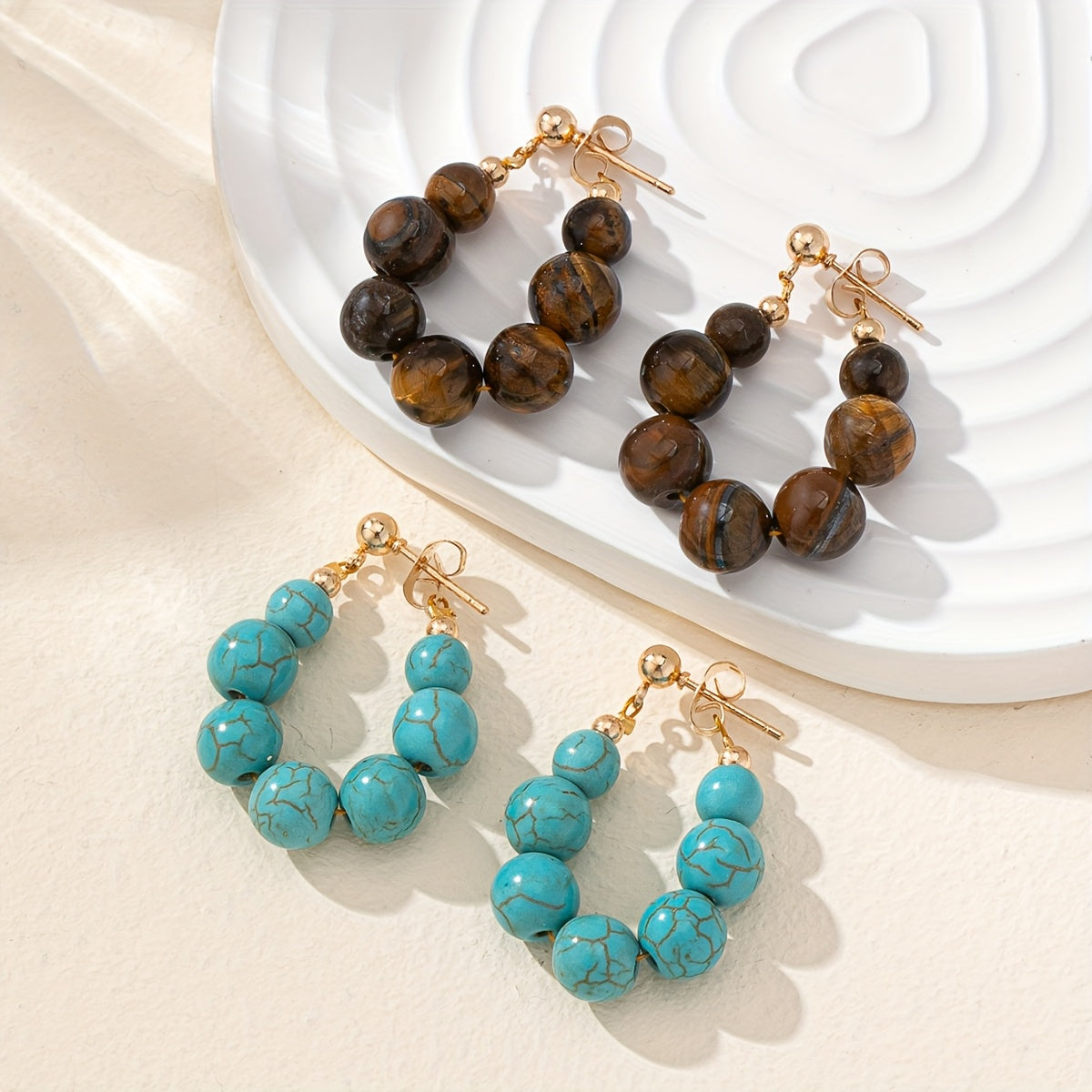 Boho Natural Stone Beaded Gold Plated Hoop Earrings