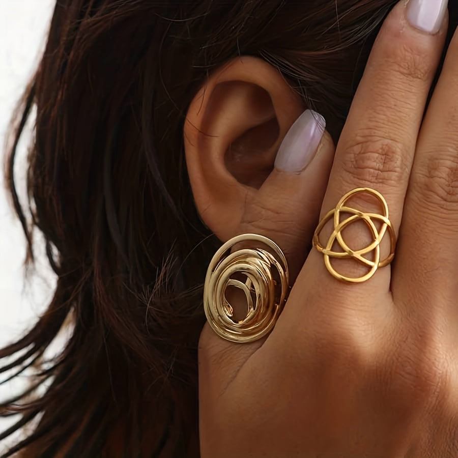Minimal Design Wave-Style Gold Adjustable Ring Set