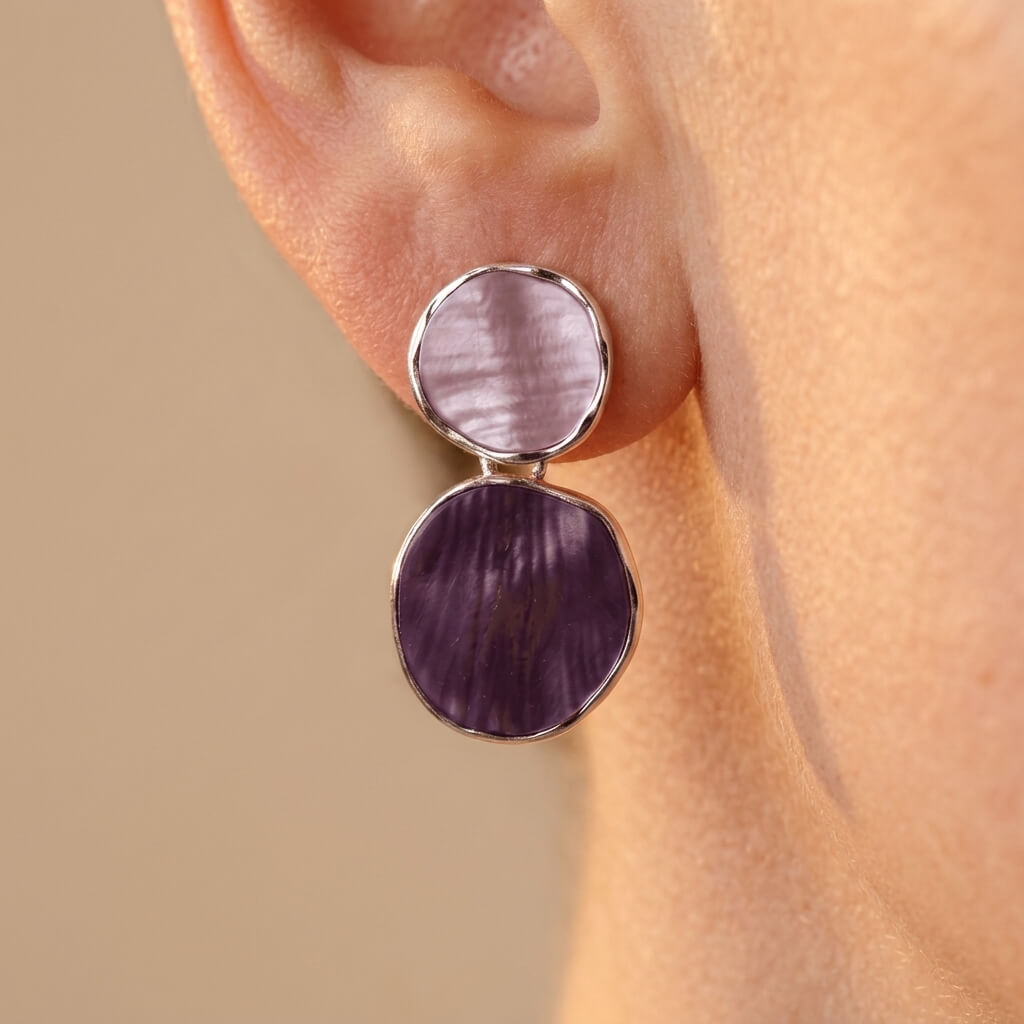 Vintage Distressed Silvery Purple Enamel Irregular Necklace Earrings Set