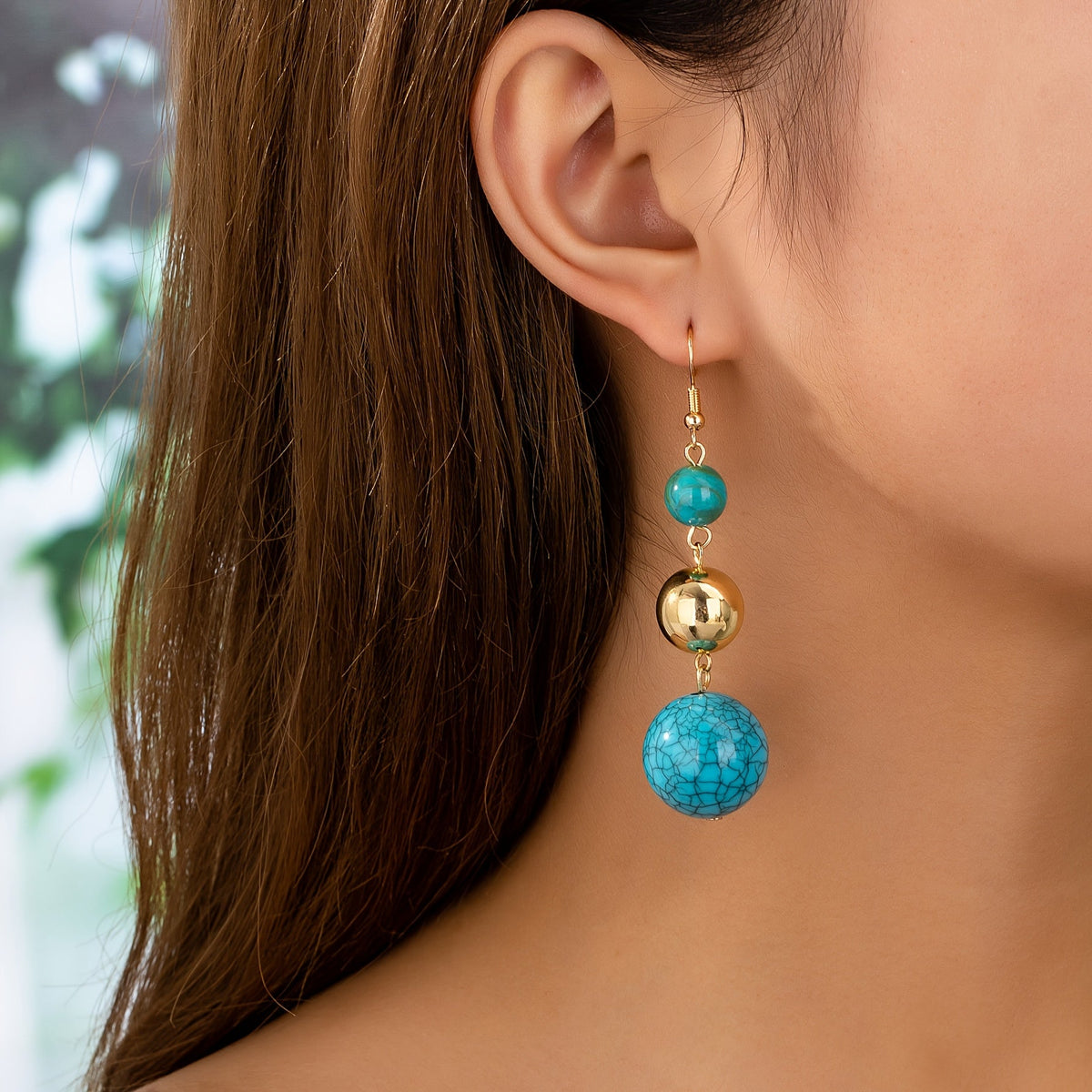 Vintage Gold Accent Boho Chic Turquoise Bead Earrings