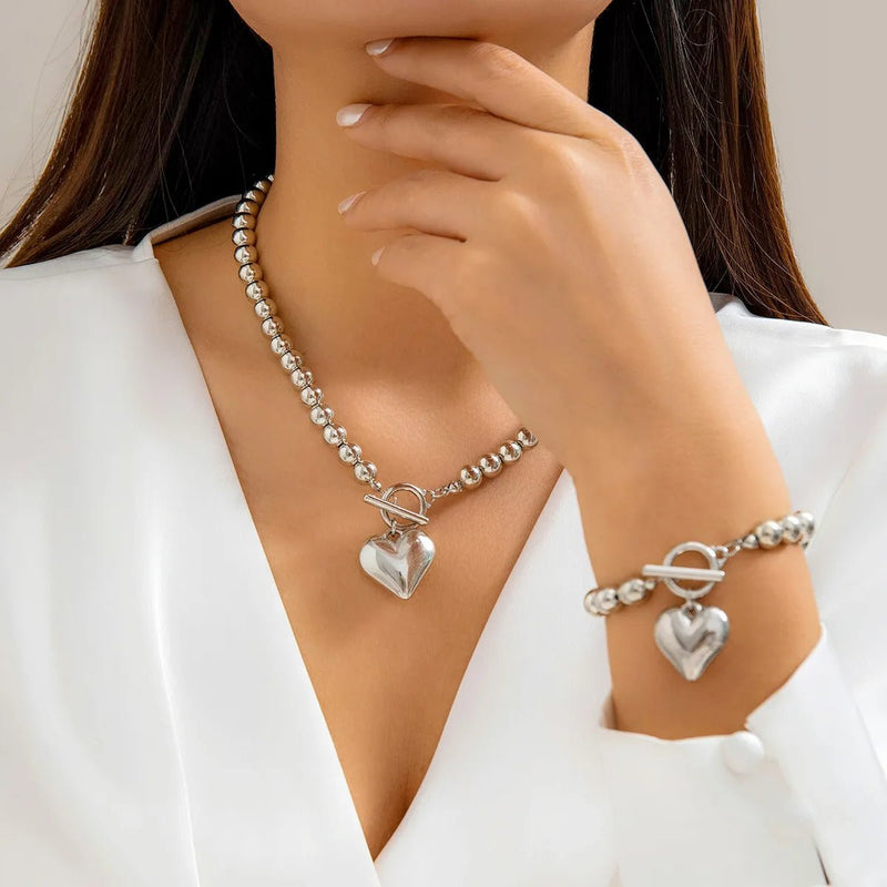 2pc Beaded Heart Pendant Bracelet and Necklace Set