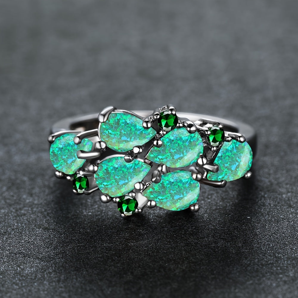 Classic Green Water Drop Opal Cluster Ring