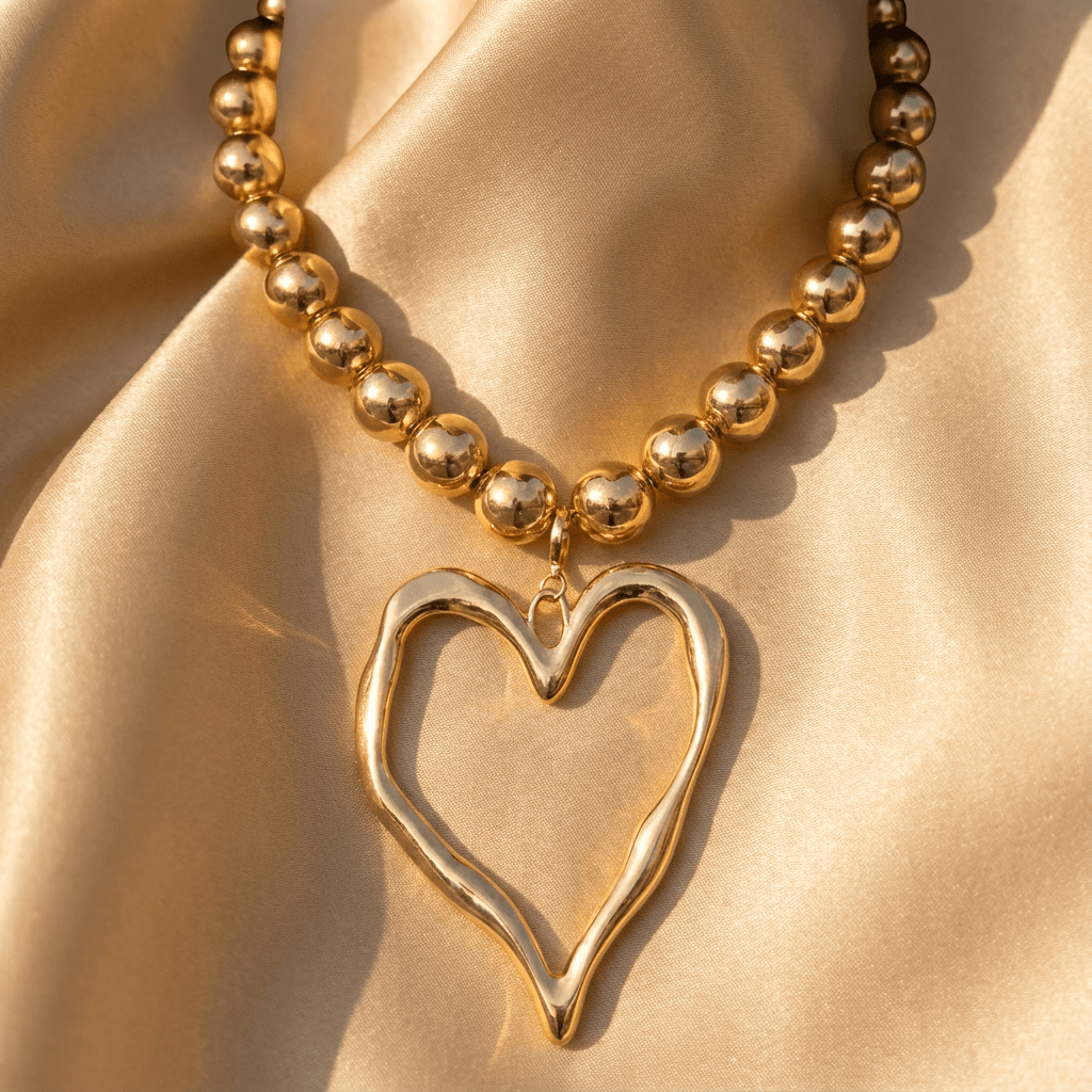 Vintage Gold Beaded Open Heart Pendant Necklace