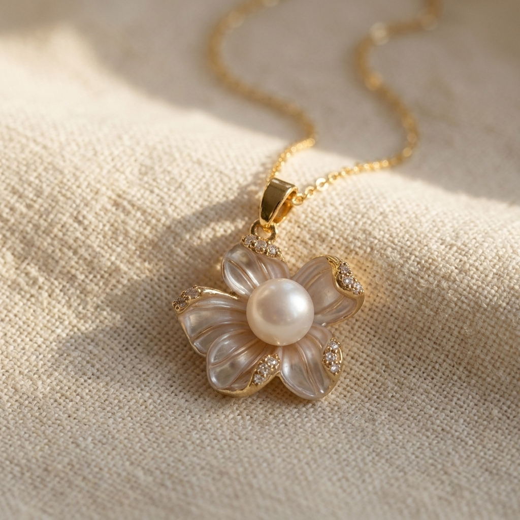 French Enamel Zirconia Flower Pendant Necklace
