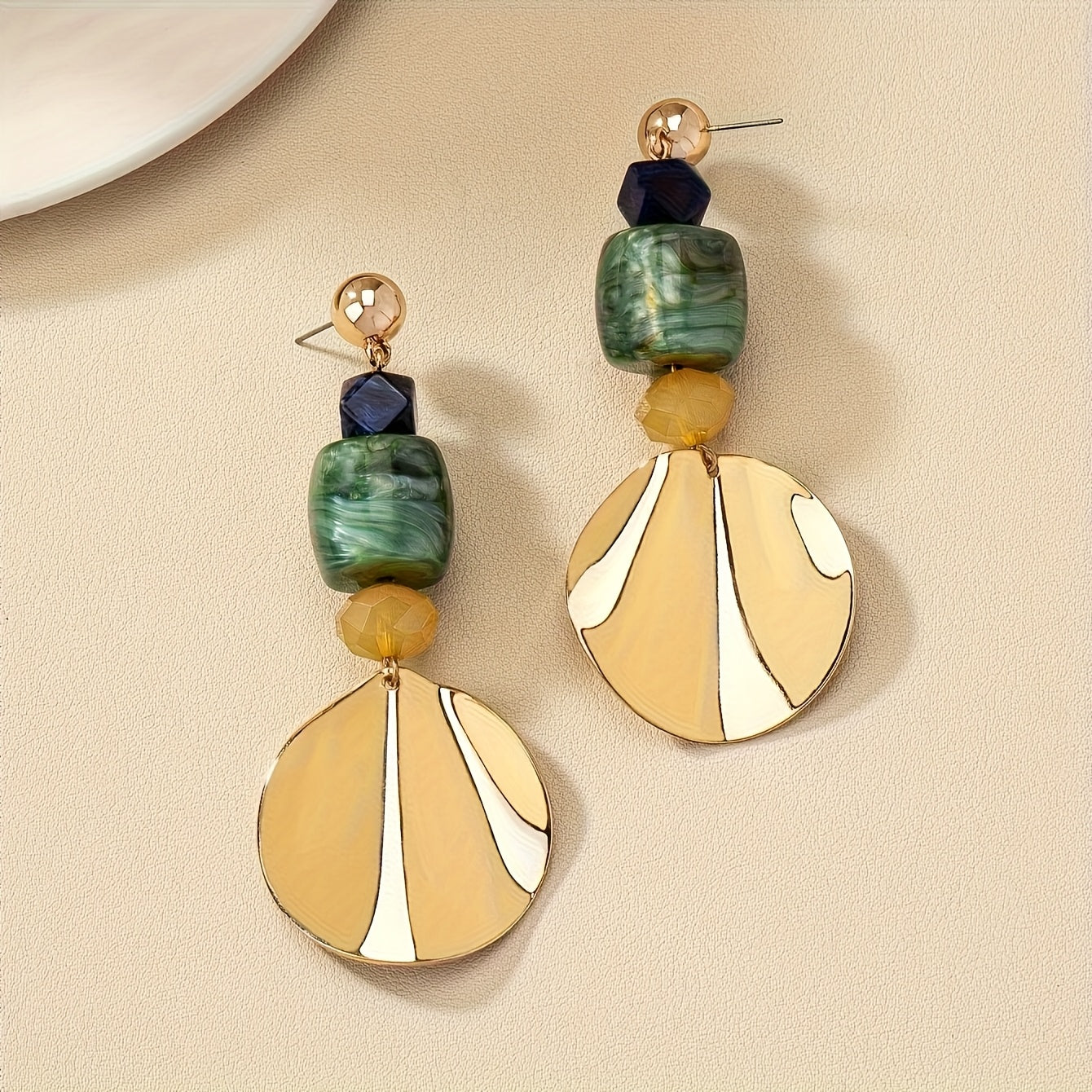 Gold Shell Disc & Green Stone Statement Drop Earrings