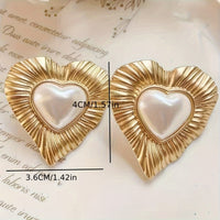 Vintage Gold Plated Faux Pearl Inlay Heart Shaped Stud Earrings