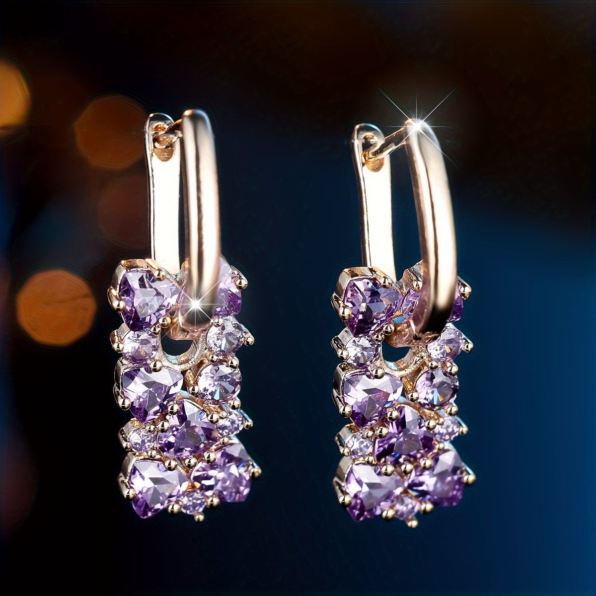 Elegant Purple Zirconia Gold Plated Dangle Earrings