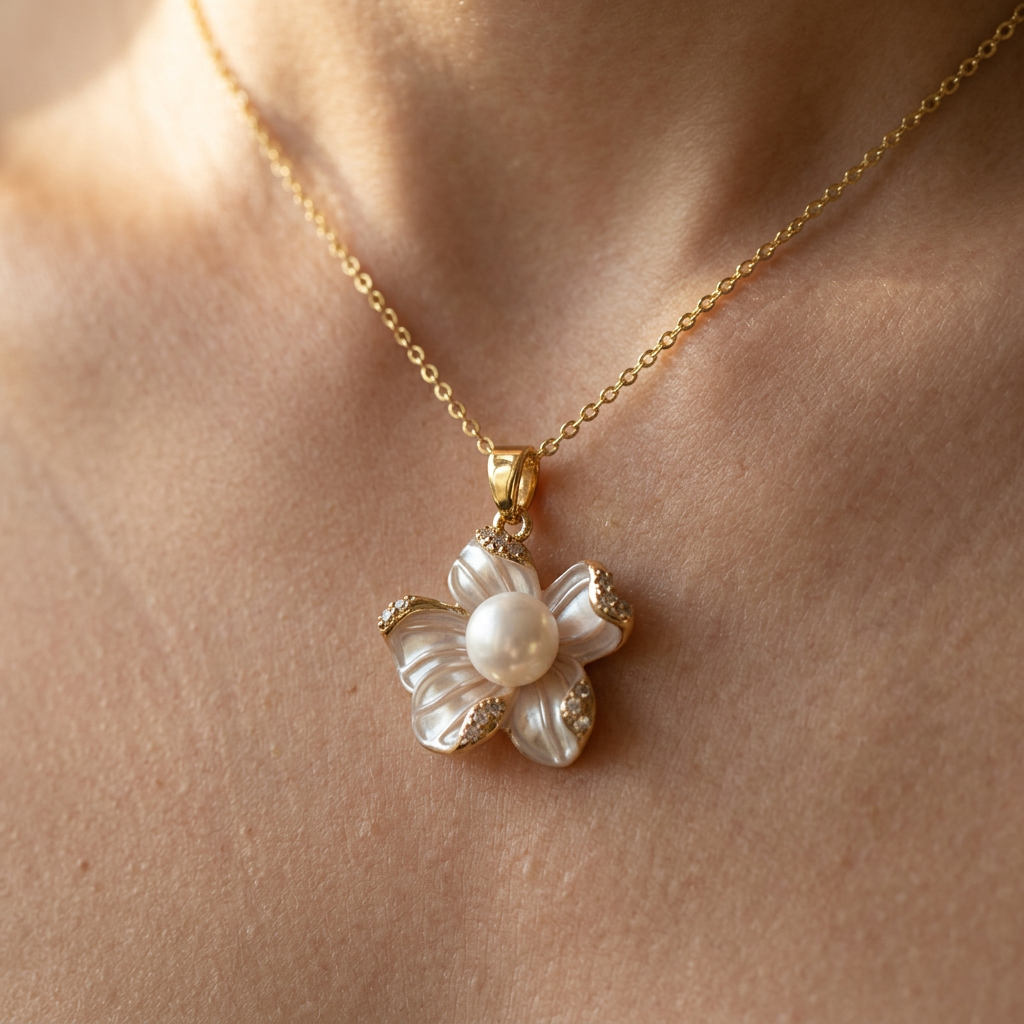 French Enamel Zirconia Flower Pendant Necklace