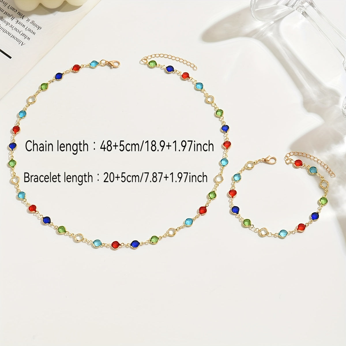 Multicolor Crystal Chain Necklace & Bracelet Jewelry Set
