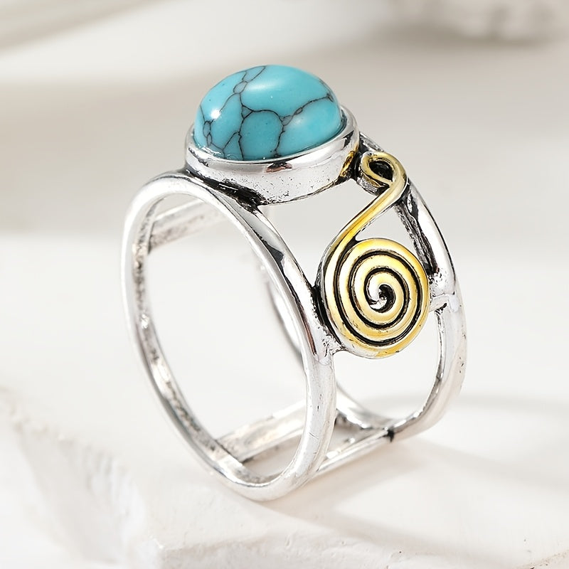 Bohemian Two Tone Plated Round Turquoise Stone Ring