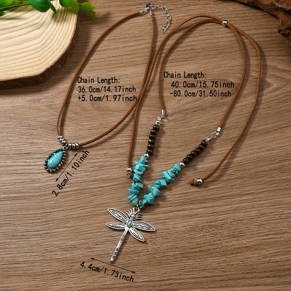 Bohemian Two Piece Turquoise Dragonfly Layered Necklace