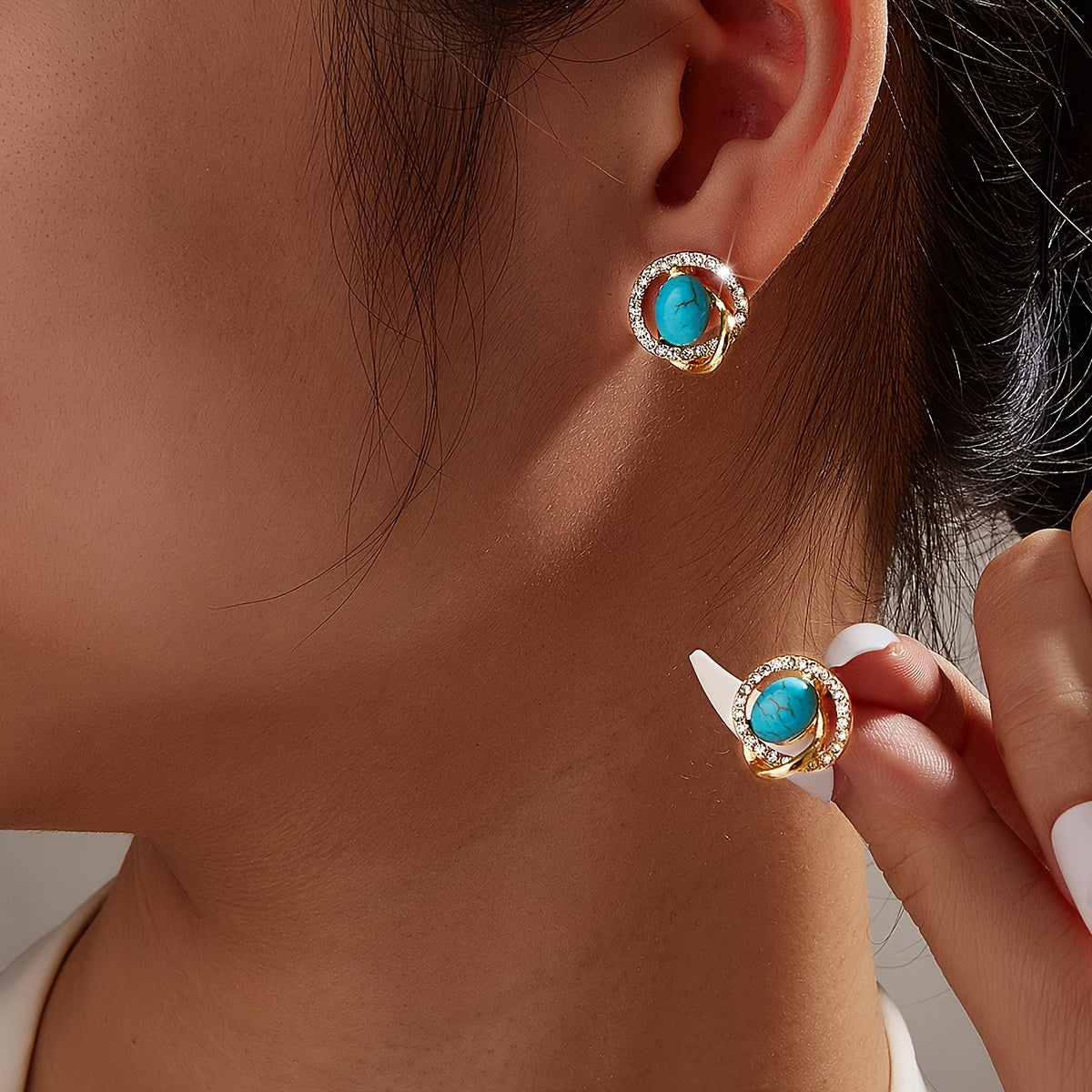 Vintage Bohemian Twist Turquoise Rhinestone Stud Earrings