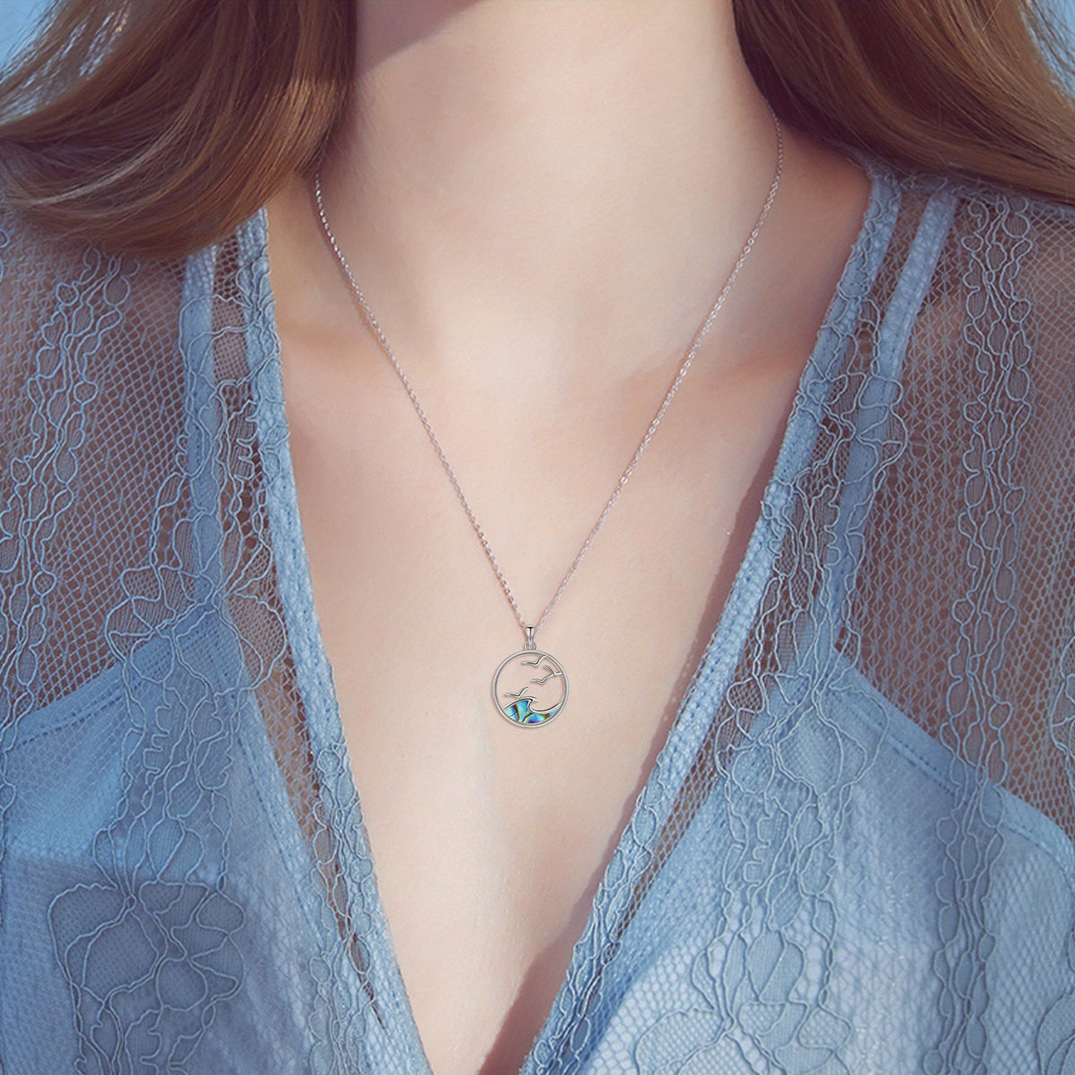 Sterling Silver Seagull & Ocean Wave Pendant Necklace
