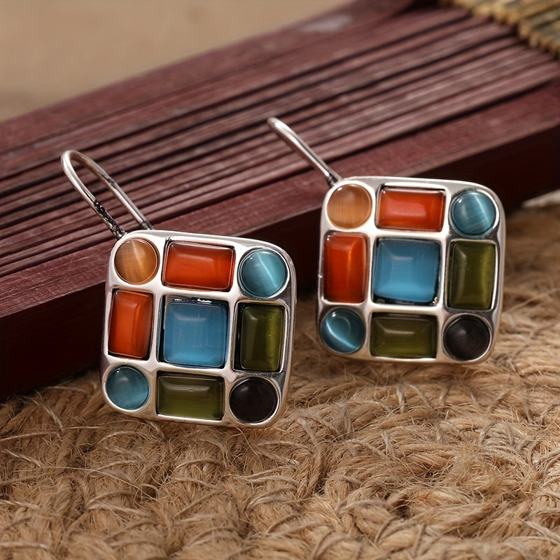 Vintage Geometric Multicolor Stone Drop Earrings