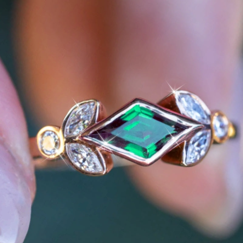Elegant Leaf Shaped Accents Green Cubic Zirconia Ring