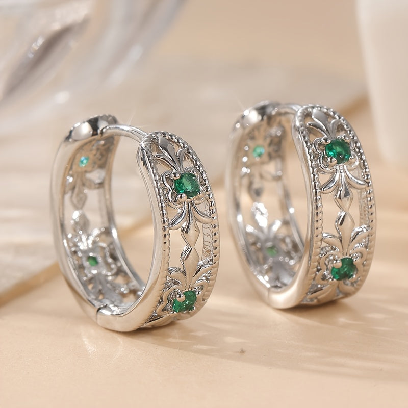 Vintage Retro Hollowed Carved Design Green Zirconia Earring