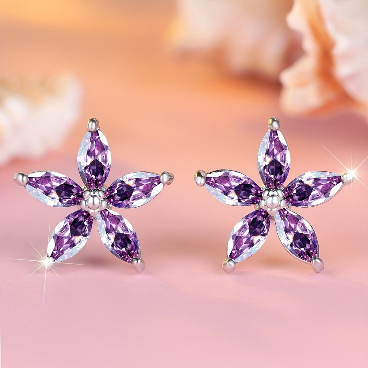Elegant Purple Zirconia Flower Stud Earrings