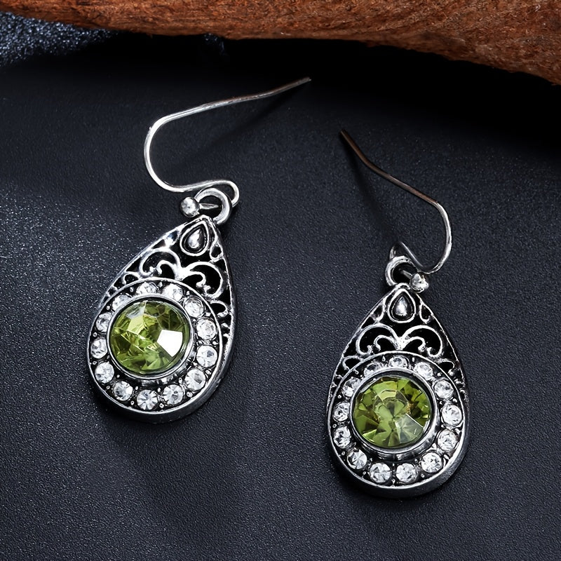 Retro Ethnic Style Water Droplet Green Zirconia Pendant Earrings