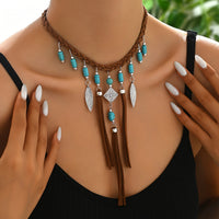 Bohemian Turquoise Beads Silver Feather Tassel Necklace