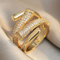 Classic Wide Gold Inlaid Zirconia Adjustable Open Band Ring