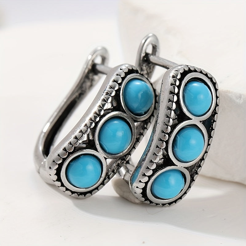 Vintage Chunky Turquoise Bead Hoop Earrings