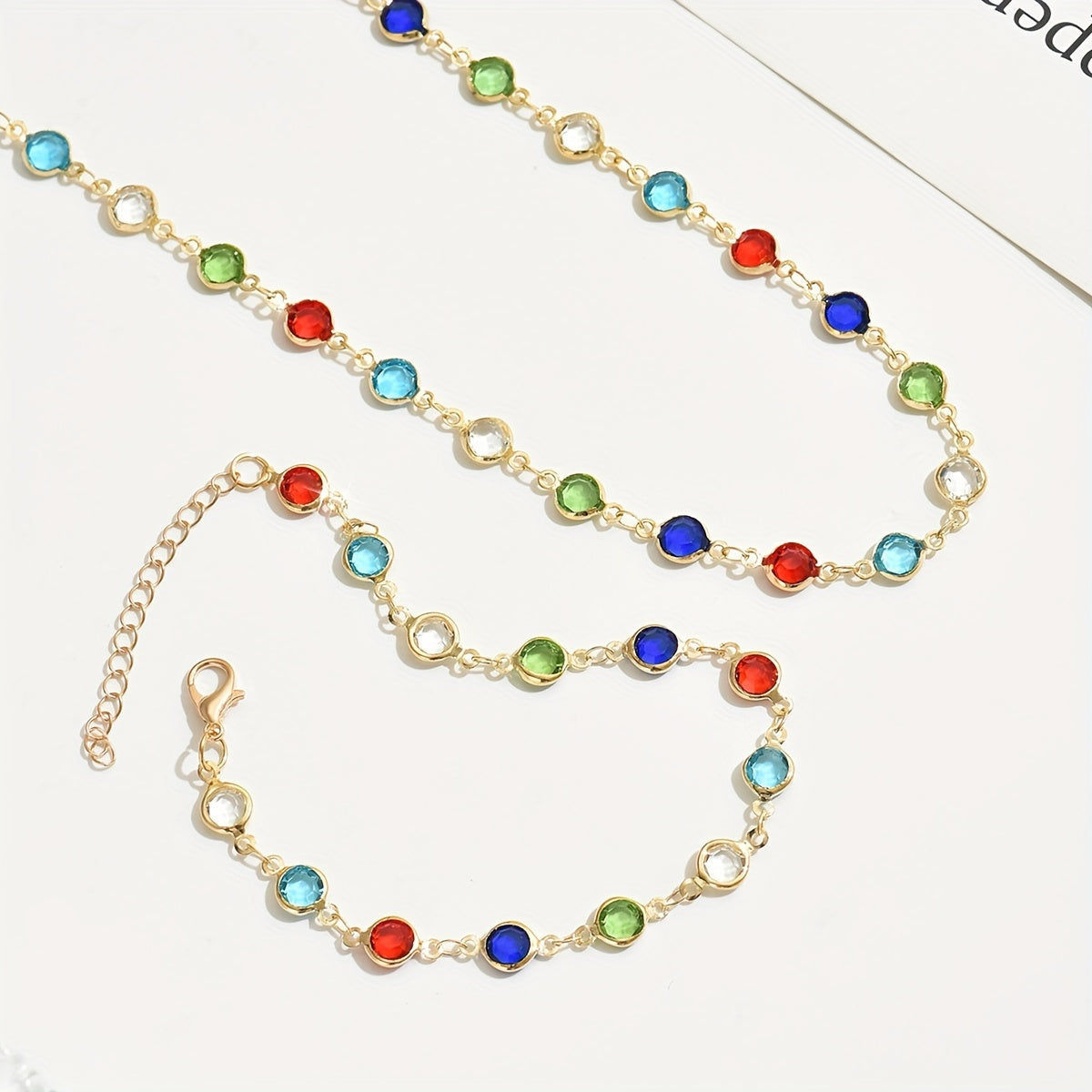 Multicolor Crystal Chain Necklace & Bracelet Jewelry Set