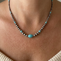 Vintage Silver Green Turquoise Beaded Necklace
