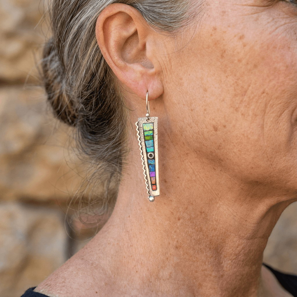 Vintage Silver Opal Inlay Geometric Drop Earrings