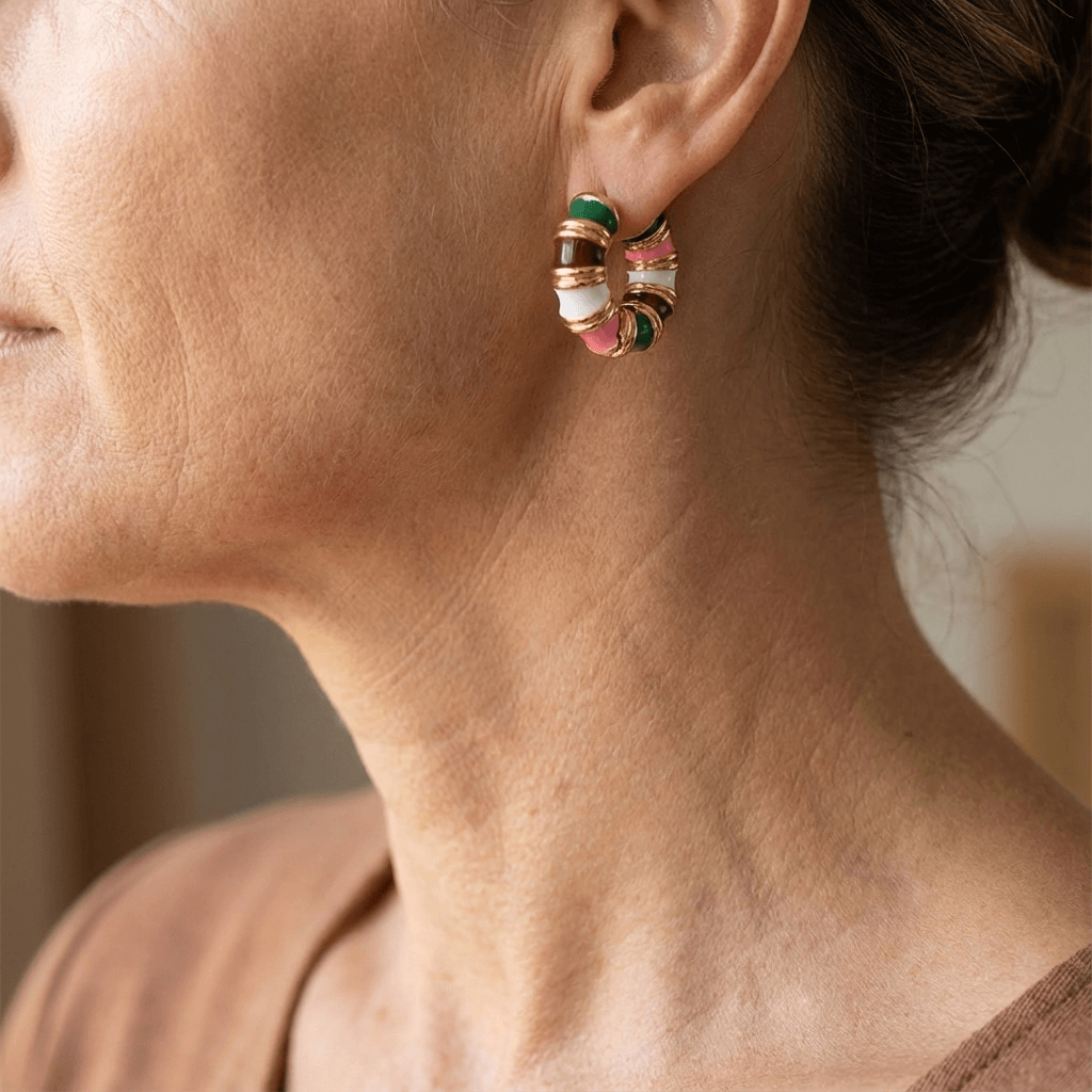 Vintage Enamel Huggie Hoop Earrings with Gold Accents