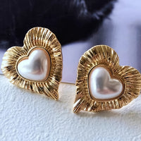 Vintage Gold Plated Faux Pearl Inlay Heart Shaped Stud Earrings