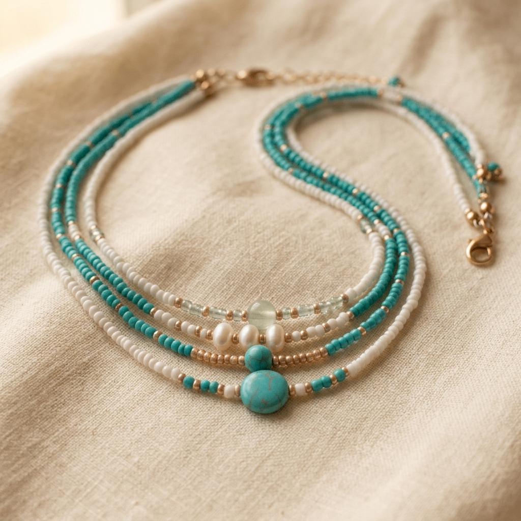 Bohemian Turquoise Seed Bead Pearl Choker Necklace Set