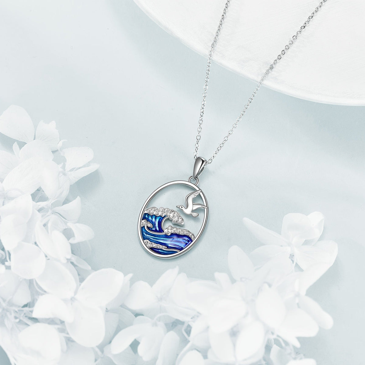 Sterling Silver Ocean Wave & Seagull Pendant Necklace