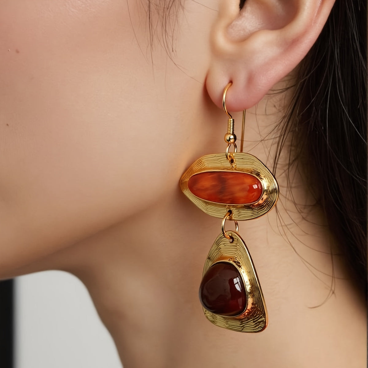 Vintage Red & Black Resin Gold Plated Drop Earrings