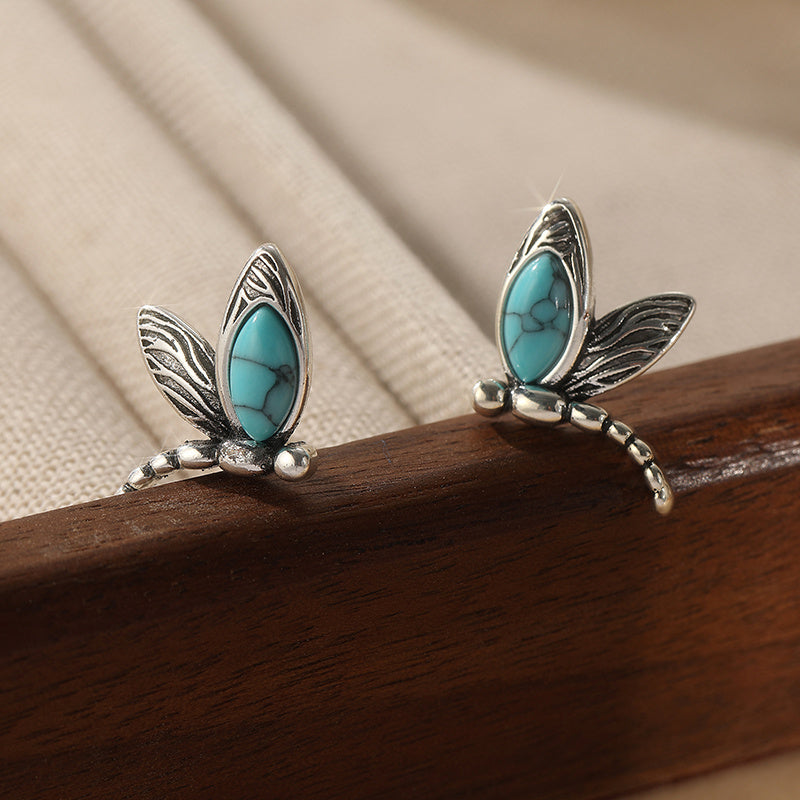 Vintage Turquoise Dragonfly Silver Plated Stud Earrings