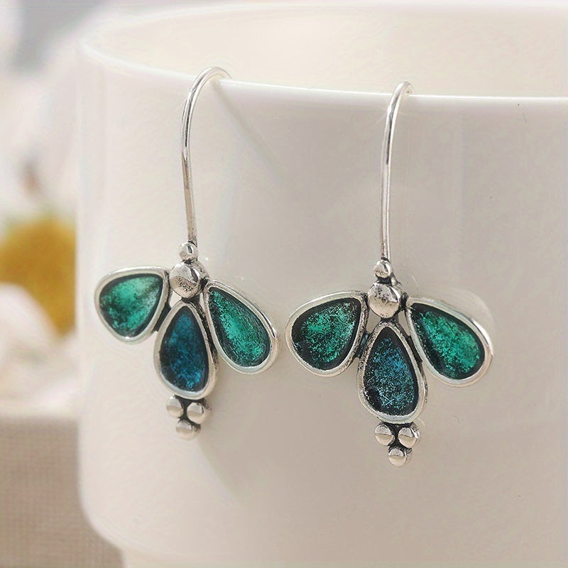 Vintage Blue Enamel Floral Silver Plated Artisan Earrings