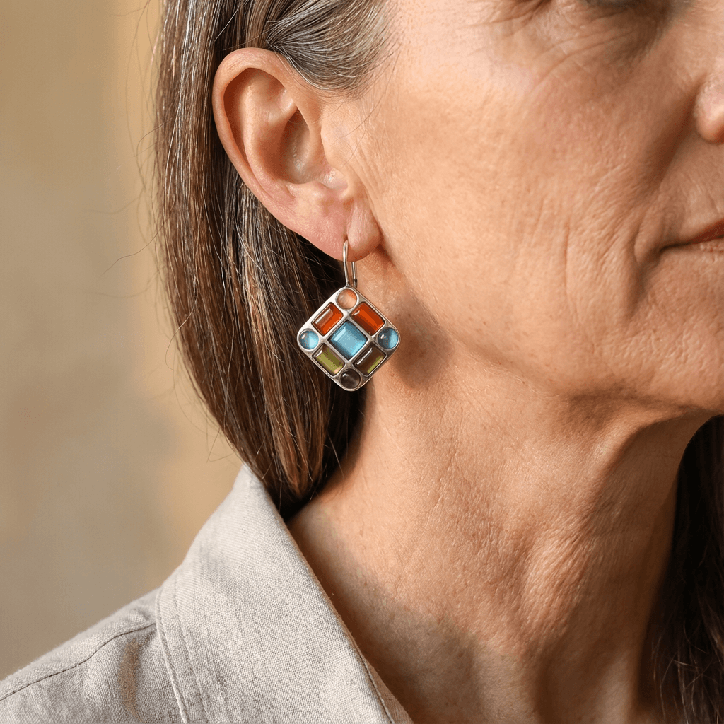 Vintage Geometric Multicolor Stone Drop Earrings