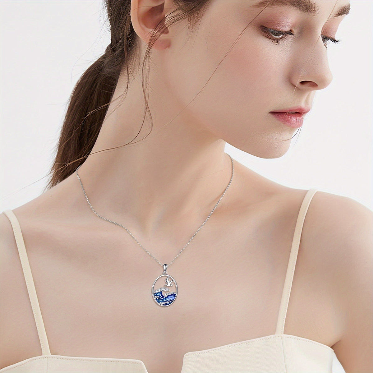 Sterling Silver Ocean Wave & Seagull Pendant Necklace