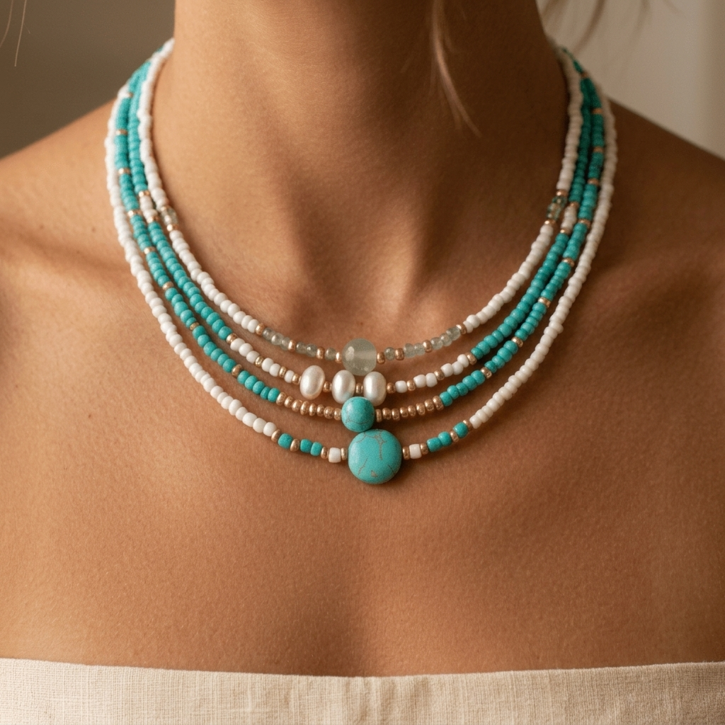 Bohemian Turquoise Seed Bead Pearl Choker Necklace Set
