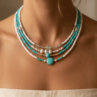 Bohemian Turquoise Seed Bead Pearl Choker Necklace Set