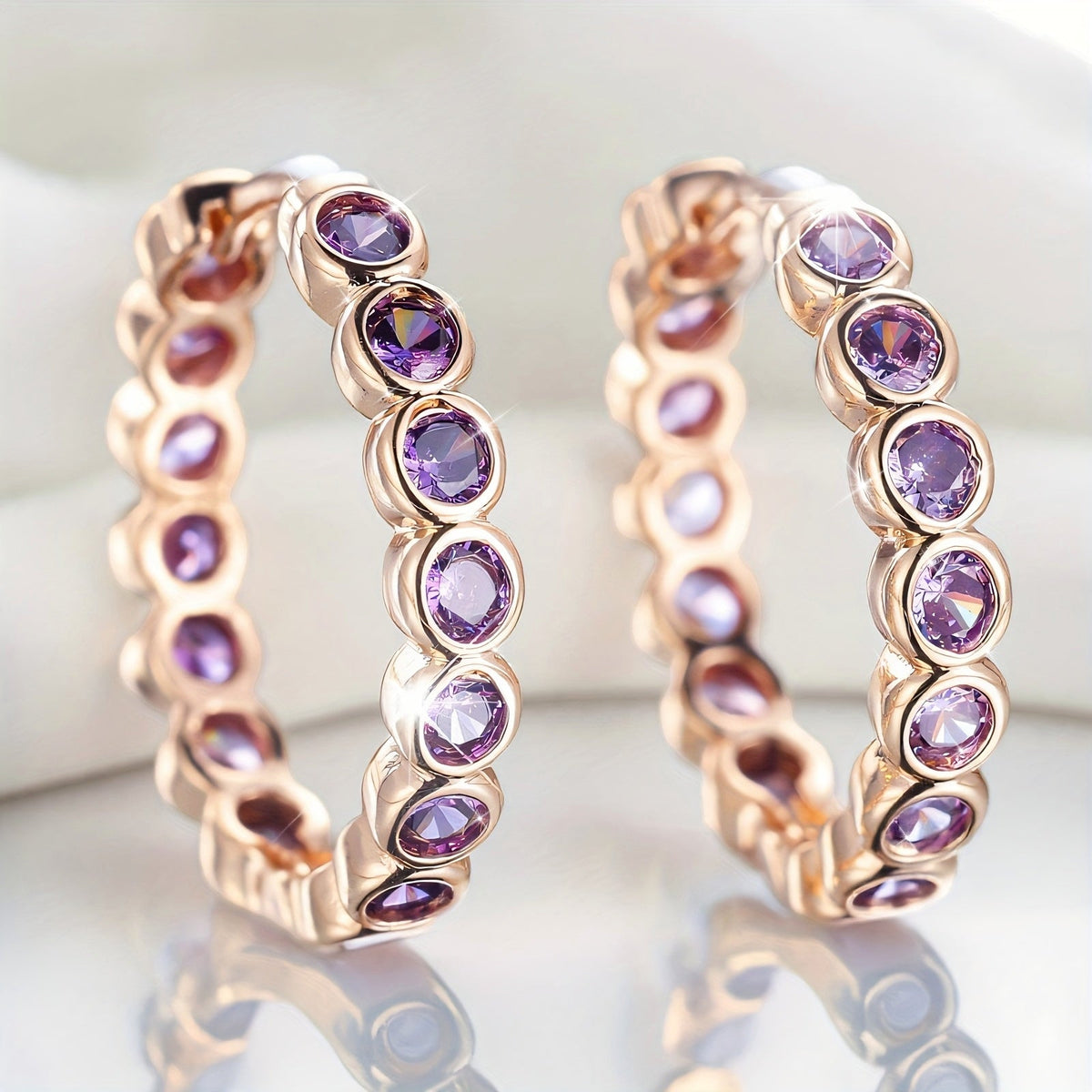Elegant Ethnic Style Purple Zirconia Crystal Hoop Earrings