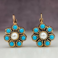 Vintage Style Turquoise And Pearls Flower Earrings