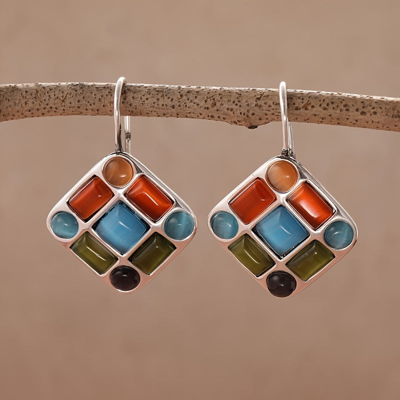 Vintage Geometric Multicolor Stone Drop Earrings