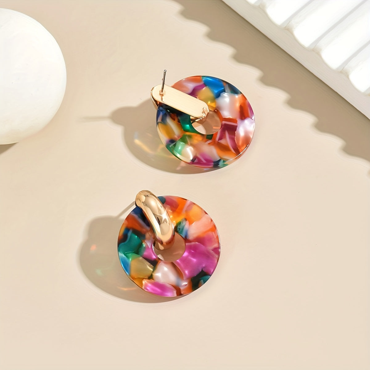 Colorful Resin Disc Statement Earrings with Gold Hoop