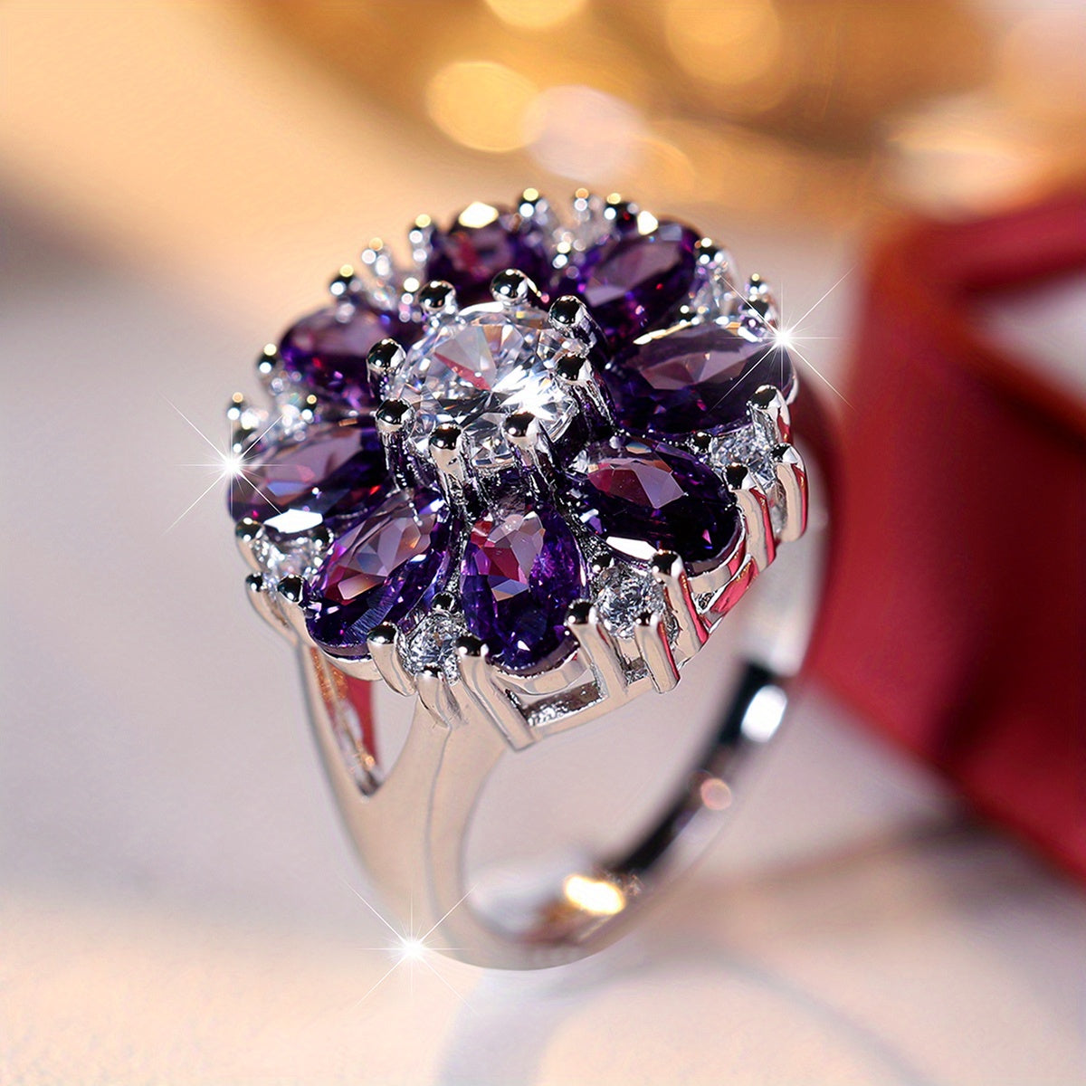 Elegant Stylish Purple Zirconia Flower Ring