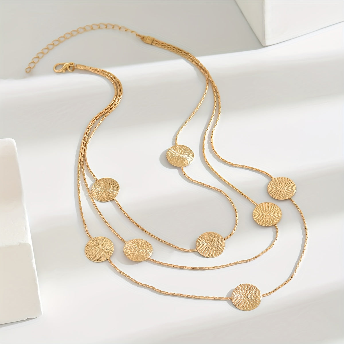 Geometric Spiral Textured Gold Multi-Disc Layered Necklace