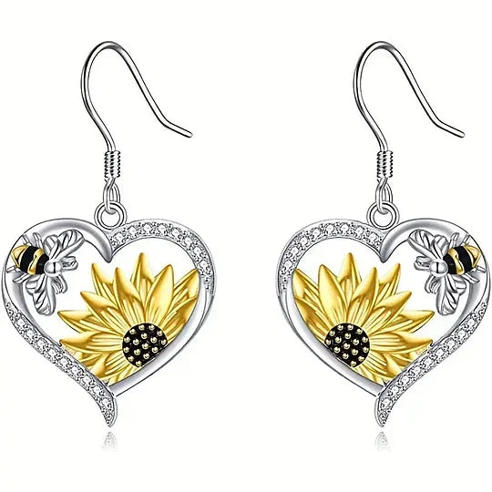Vintage Sunflower Bee Heart Dangle Earrings