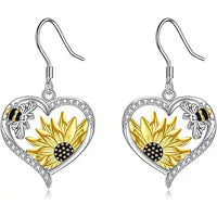 Vintage Sunflower Bee Heart Dangle Earrings