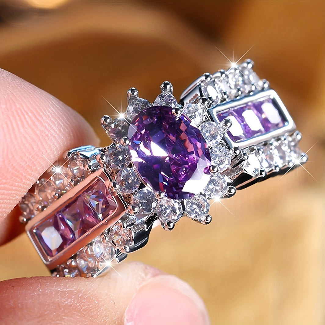 Vintage Boho Silver Purple Oval Zirconia Stone Rings