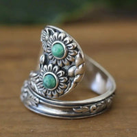 Vintage Floral Turquoise Wide Band Silver Ring