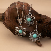 Vintage Turquoise Flower Silver Plated Necklace & Earring Set